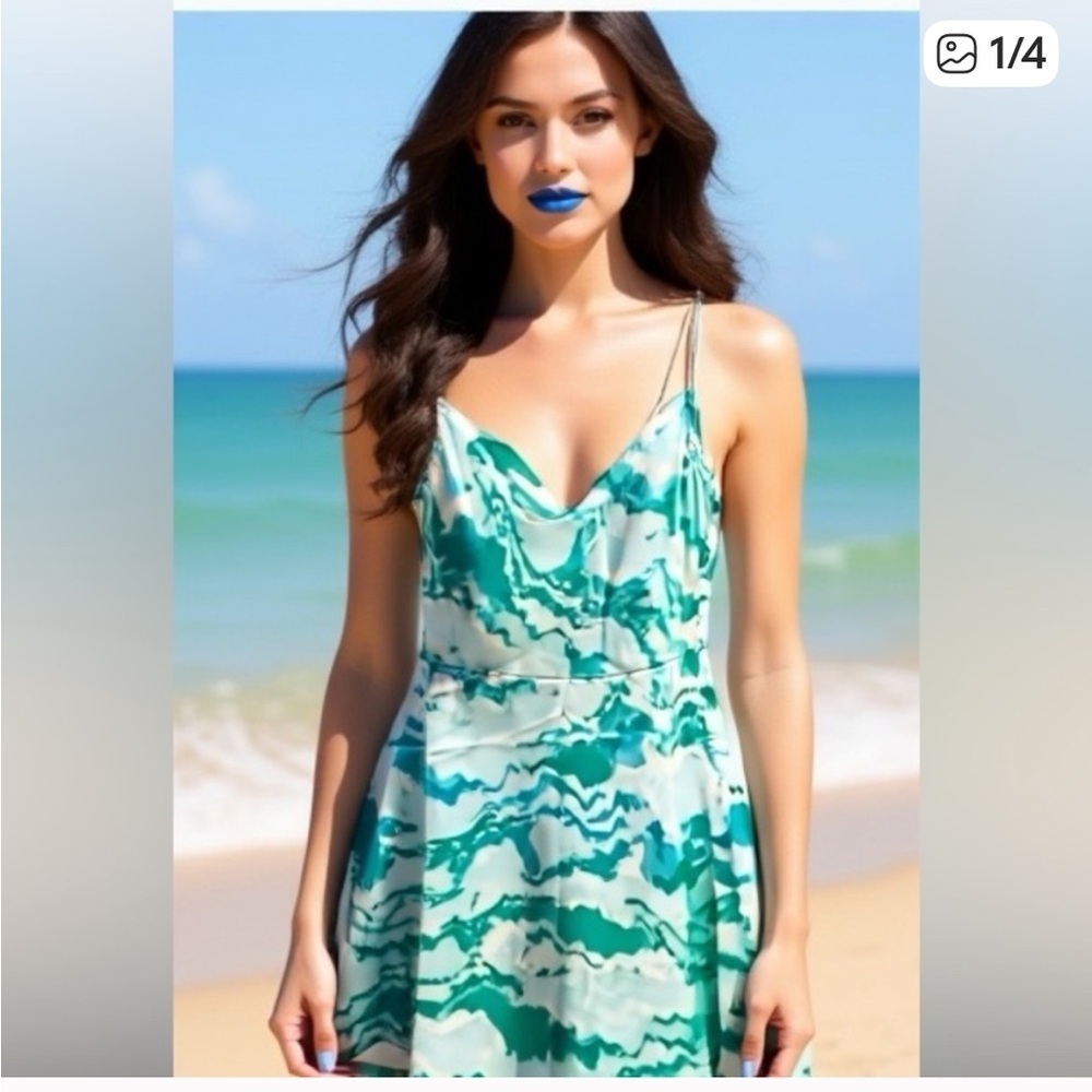 New Elegant Green Patterned sunDress with spaghetti streps size Small